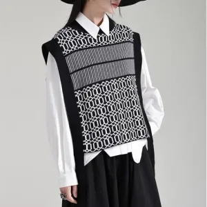 Black Irregular Pattern Knitting Vintage Vest