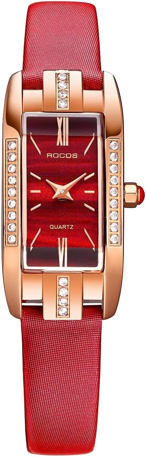 Elegant Women's Watch - Red Dial Leather Strap Rose Gold Case, Quartz AnalogDress Watch, Waterproof Fashion Ladies Wristwatch for Gift (RW0209S)