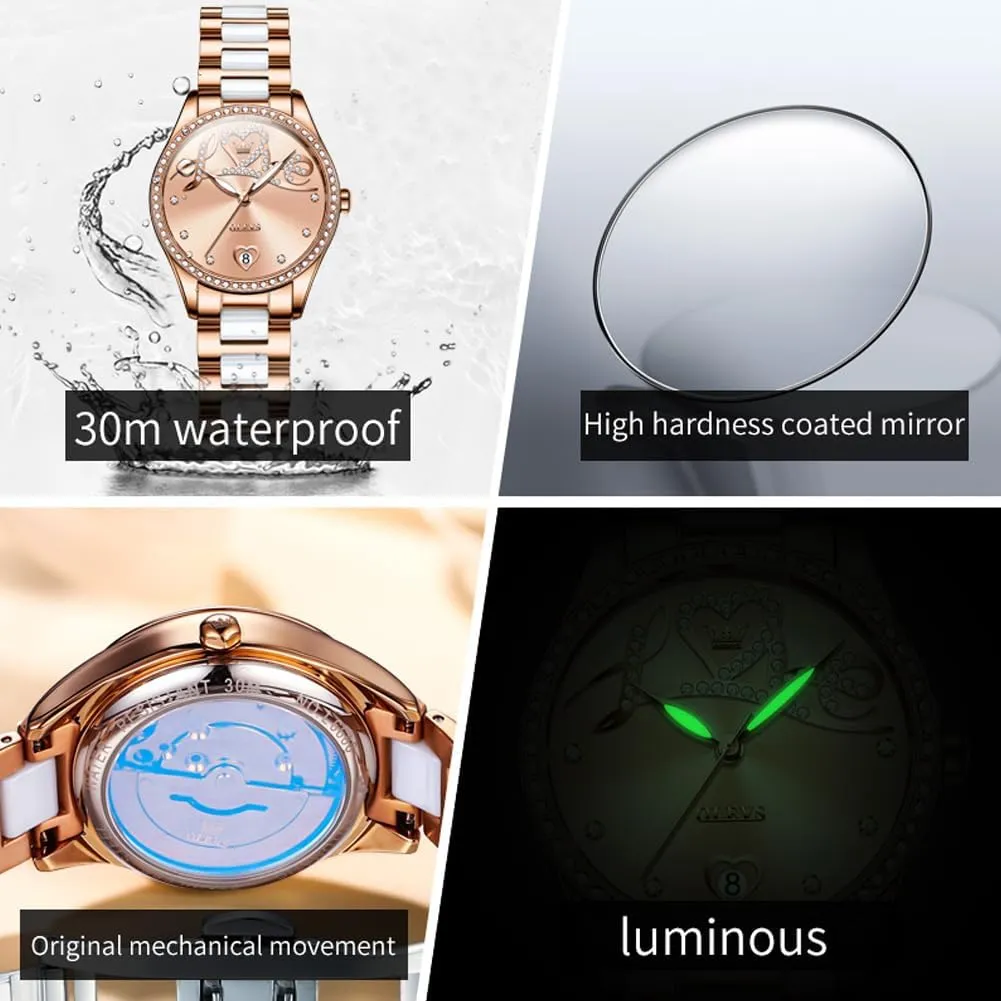 OLEVS Automatic Watches for Women Diamond Fashion Elegant Dress Mechanical Self Winding Date Ladies Wrist Watches Luxury Rose Gold Two Tone Ceramic Watch Waterproof Luminous