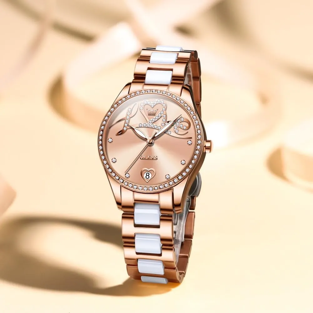 OLEVS Automatic Watches for Women Diamond Fashion Elegant Dress Mechanical Self Winding Date Ladies Wrist Watches Luxury Rose Gold Two Tone Ceramic Watch Waterproof Luminous