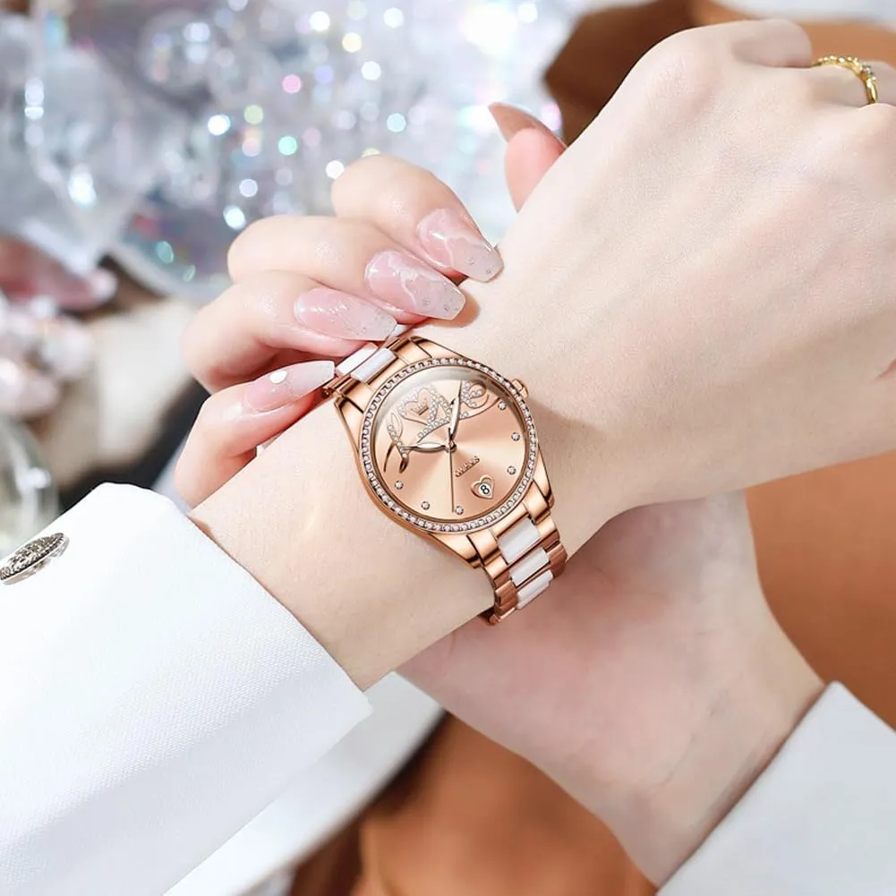 OLEVS Automatic Watches for Women Diamond Fashion Elegant Dress Mechanical Self Winding Date Ladies Wrist Watches Luxury Rose Gold Two Tone Ceramic Watch Waterproof Luminous