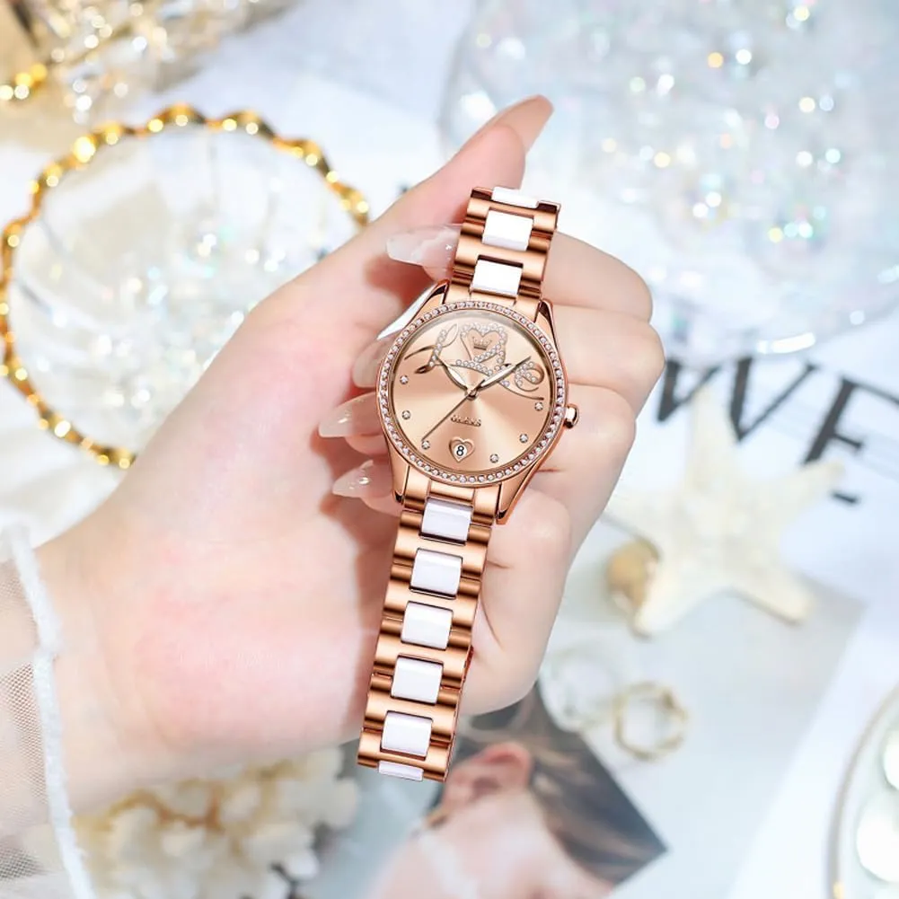 OLEVS Automatic Watches for Women Diamond Fashion Elegant Dress Mechanical Self Winding Date Ladies Wrist Watches Luxury Rose Gold Two Tone Ceramic Watch Waterproof Luminous