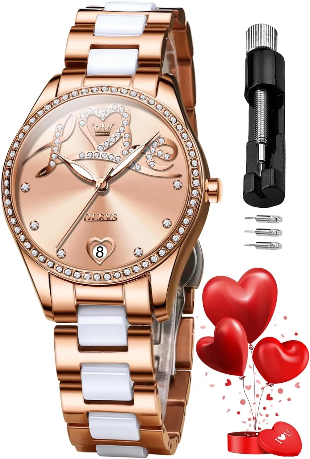 OLEVS Automatic Watches for Women Diamond Fashion Elegant Dress Mechanical Self Winding Date Ladies Wrist Watches Luxury Rose Gold Two Tone Ceramic Watch Waterproof Luminous