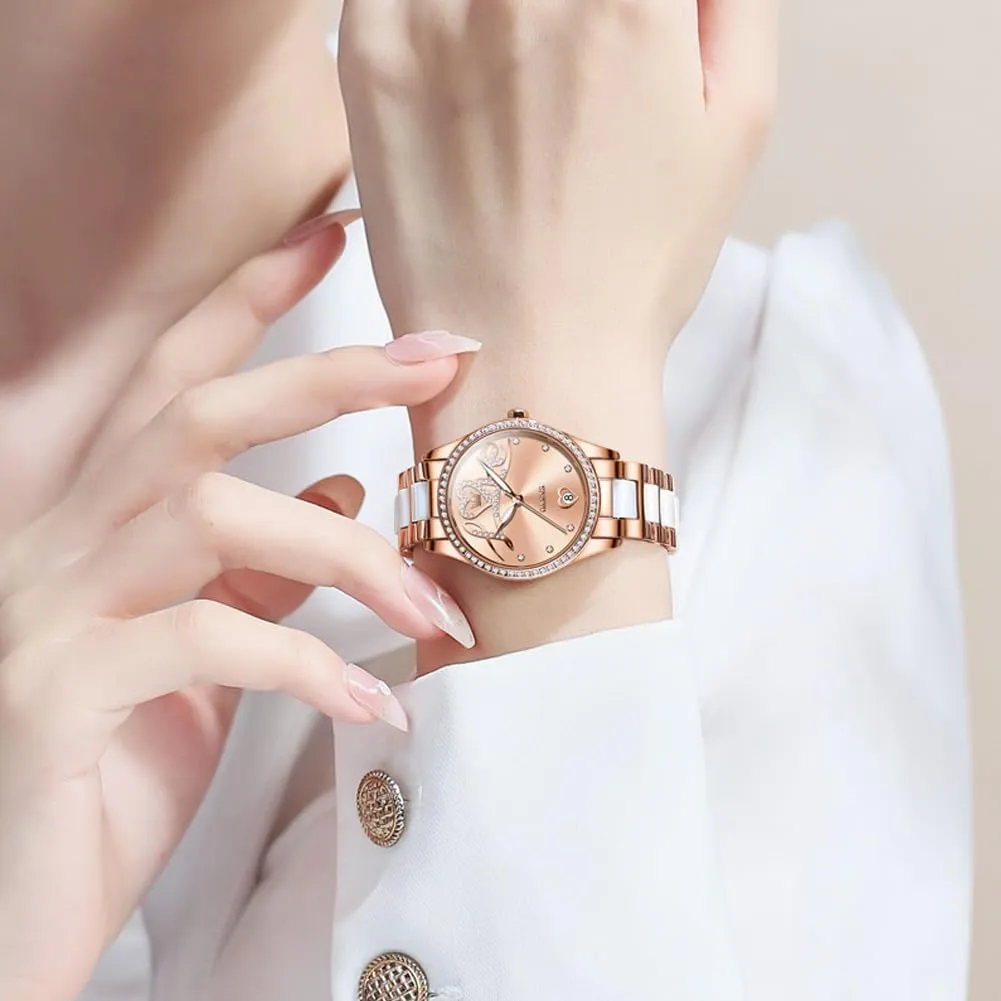 OLEVS Automatic Watches for Women Diamond Fashion Elegant Dress Mechanical Self Winding Date Ladies Wrist Watches Luxury Rose Gold Two Tone Ceramic Watch Waterproof Luminous