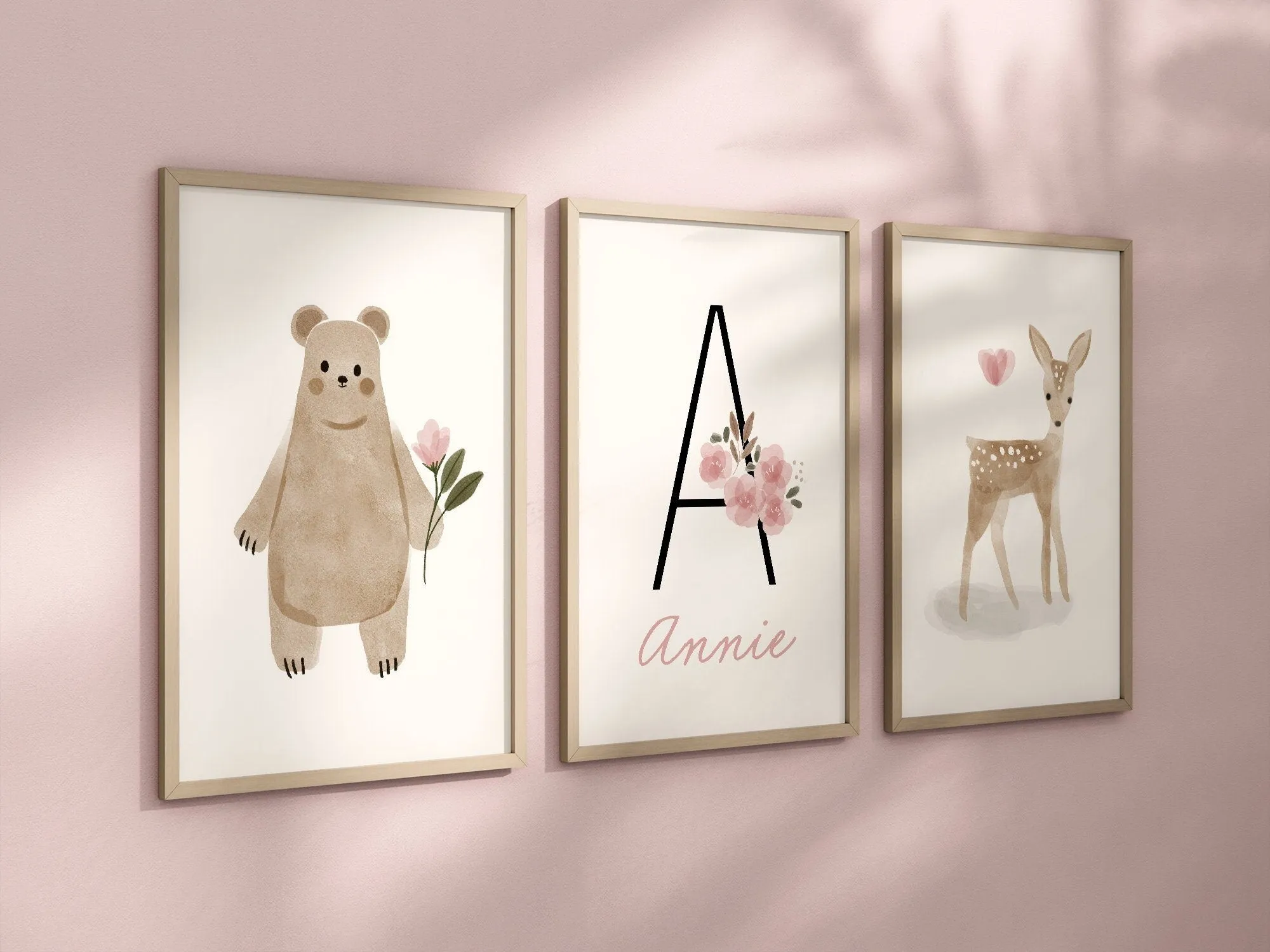 Personalized Boho Woodland Floral Animal Set of 3 Nursery Art Prints, Dusty Rose Nursery Art, Neutral Nursery Decor, Baby Room Ideas, 131