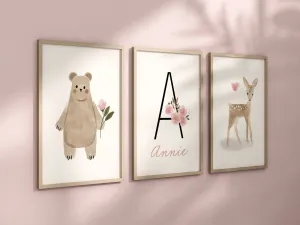Personalized Boho Woodland Floral Animal Set of 3 Nursery Art Prints, Dusty Rose Nursery Art, Neutral Nursery Decor, Baby Room Ideas, 131