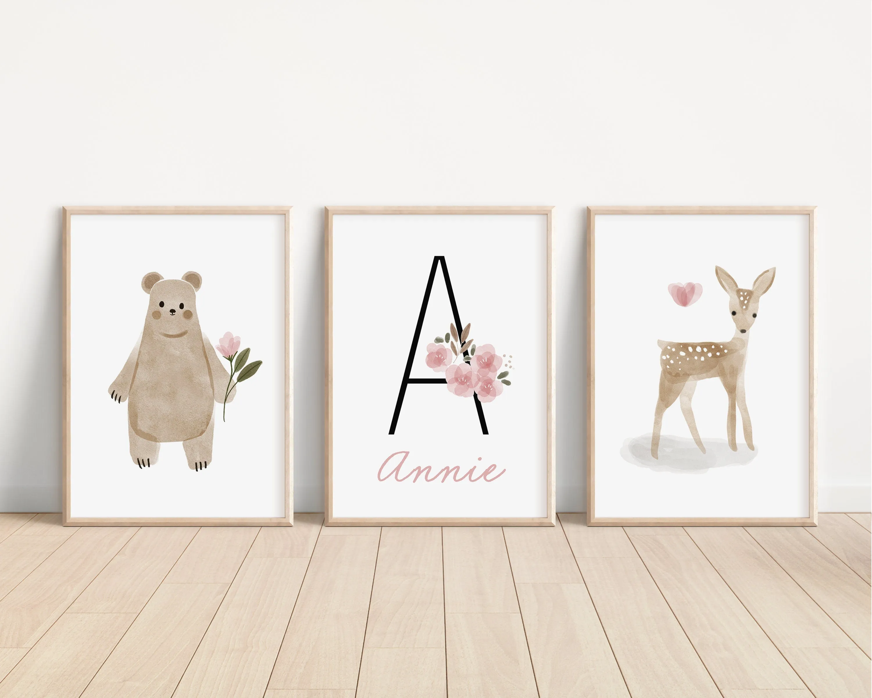 Personalized Boho Woodland Floral Animal Set of 3 Nursery Art Prints, Dusty Rose Nursery Art, Neutral Nursery Decor, Baby Room Ideas, 131