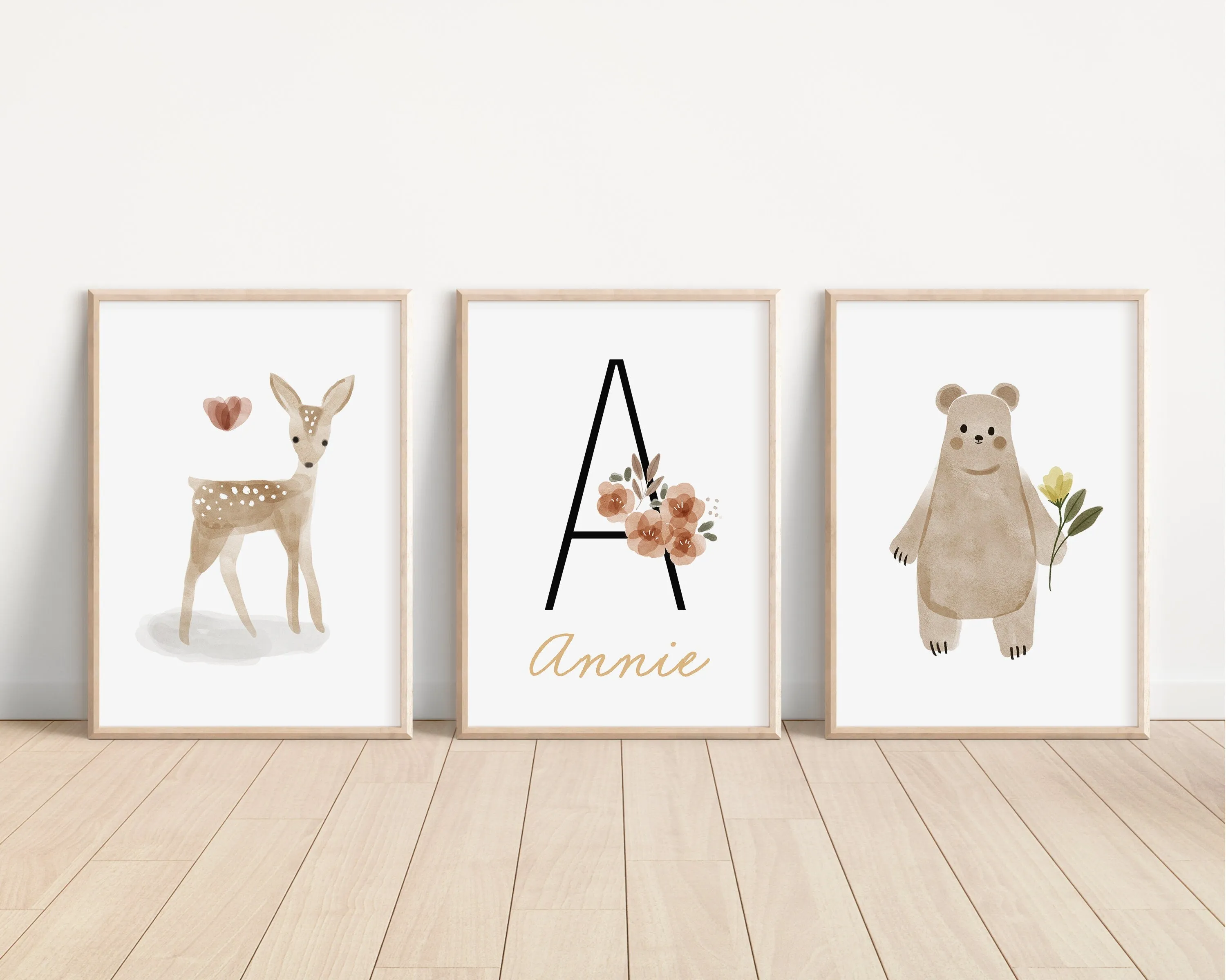 Personalized Boho Woodland Floral Animal Set of 3 Nursery Art Prints, Floral Nursery Wall Art, Neutral Nursery Decor, Baby Room Ideas,103