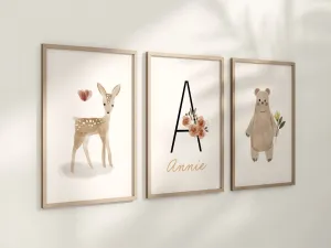 Personalized Boho Woodland Floral Animal Set of 3 Nursery Art Prints, Floral Nursery Wall Art, Neutral Nursery Decor, Baby Room Ideas,103
