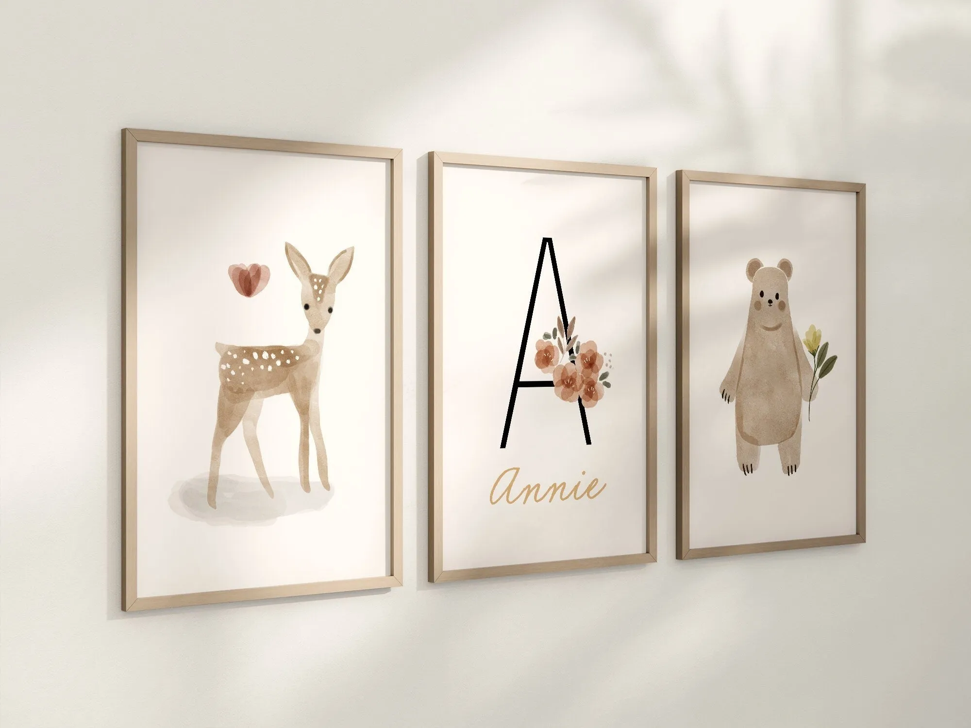 Personalized Boho Woodland Floral Animal Set of 3 Nursery Art Prints, Floral Nursery Wall Art, Neutral Nursery Decor, Baby Room Ideas,103