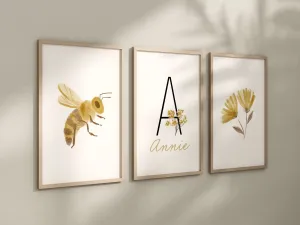 Personalized Set of 3 Boho Floral Bee Art Prints, Bumble Bee, Yellow Nursery Wall Art, Nursery Decor, Play Room, Baby Room Ideas, 113