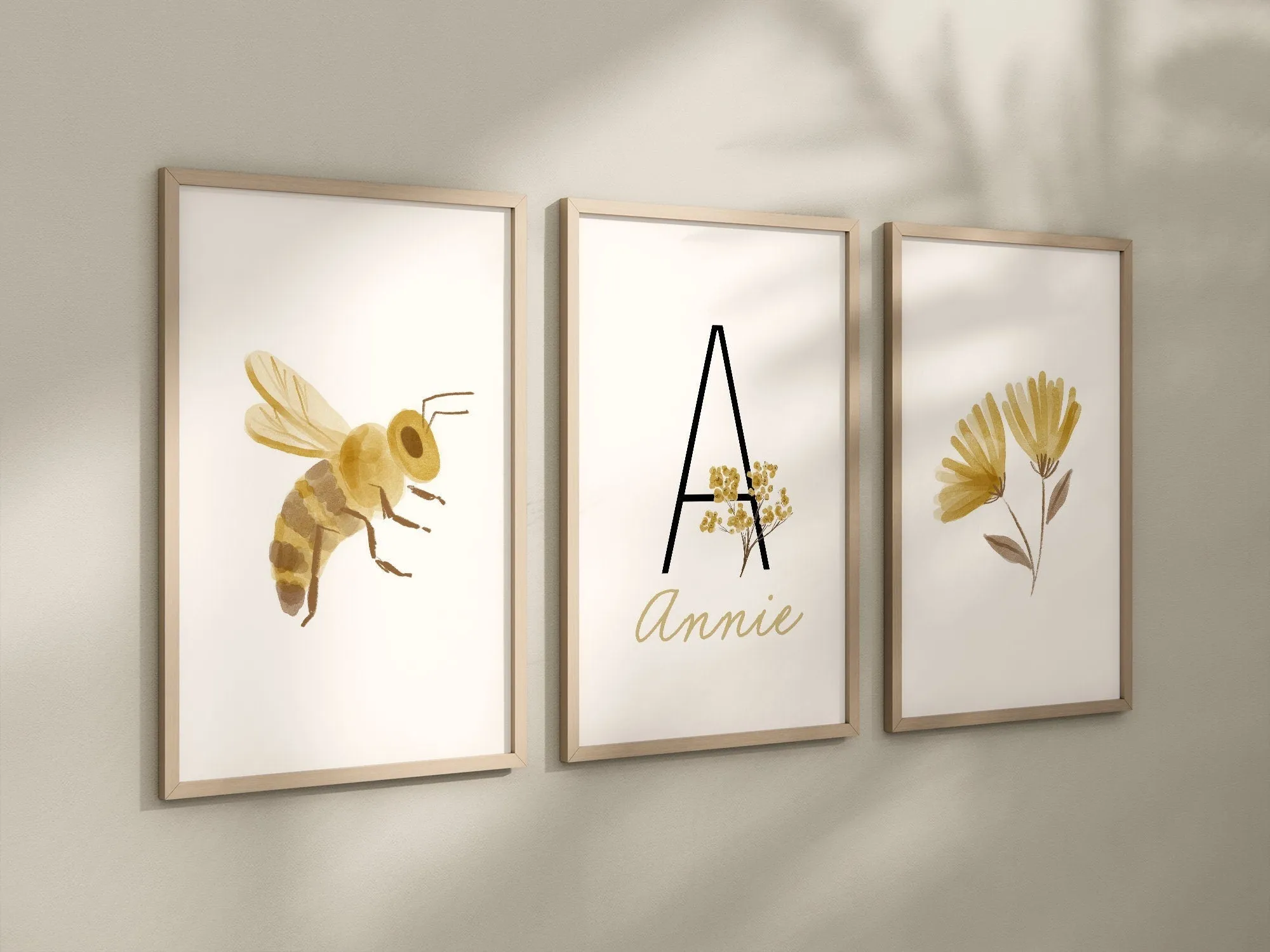 Personalized Set of 3 Boho Floral Bee Art Prints, Bumble Bee, Yellow Nursery Wall Art, Nursery Decor, Play Room, Baby Room Ideas, 113