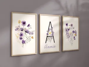 Personalized Set of 3 Purple and Gold Boho Wildflowers Floral Art Prints, Wall Art, Bloom Bouquet, Nursery Decor, Girl Baby Room Ideas 139