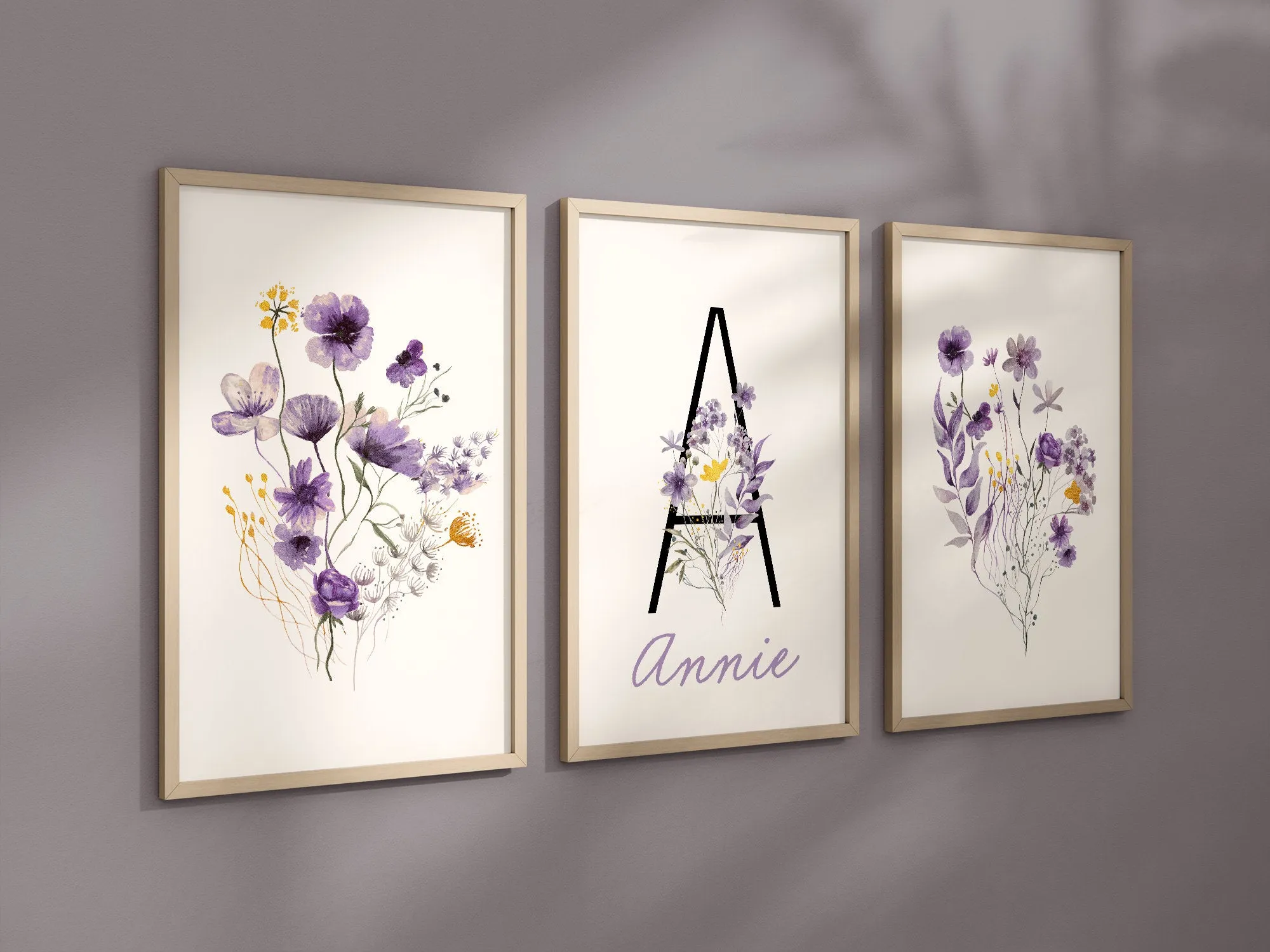 Personalized Set of 3 Purple and Gold Boho Wildflowers Floral Art Prints, Wall Art, Bloom Bouquet, Nursery Decor, Girl Baby Room Ideas 139