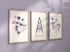 Personalized Set of 3 Purple Boho Wildflowers Floral Art Prints, Wall Art, Bloom Bouquet, Nursery Decor, Play Room, Girl Baby Room Ideas