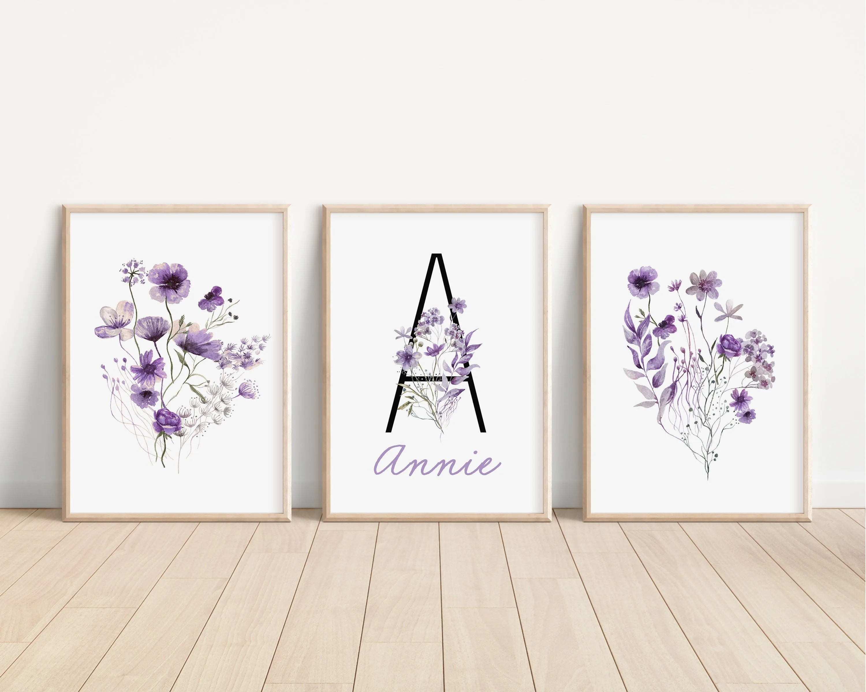 Personalized Set of 3 Purple Boho Wildflowers Floral Art Prints, Wall Art, Bloom Bouquet, Nursery Decor, Play Room, Girl Baby Room Ideas